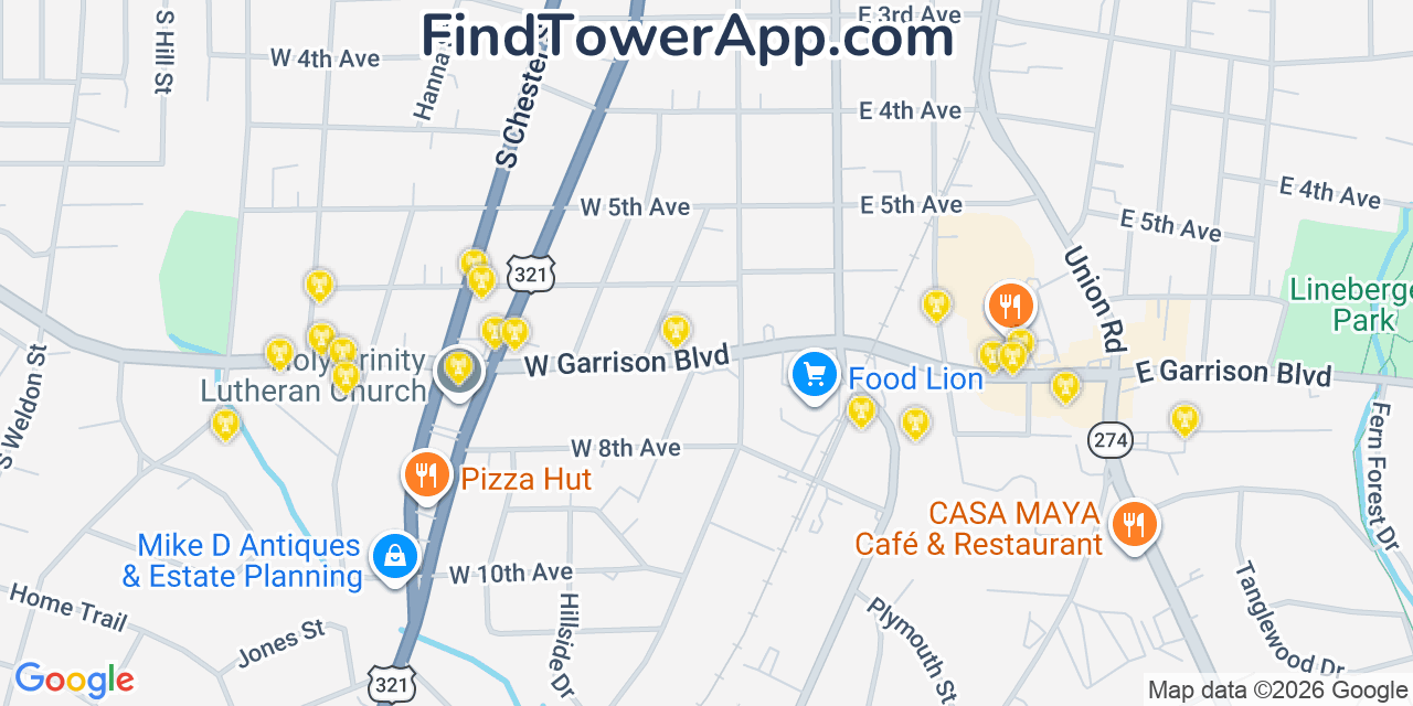 Map showing the 20 primary cell tower locations detected in Gastonia, North Carolina from AT&T, Verizon, and T-Mobile networks