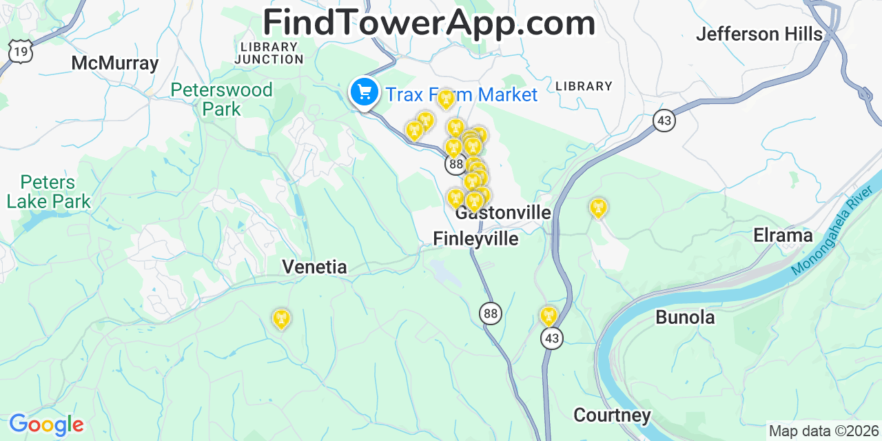 Map showing the 20 primary cell tower locations detected in Gastonville, Pennsylvania from AT&T, Verizon, and T-Mobile networks