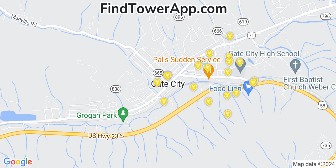 AT&T 4G/5G cell tower coverage map Gate City, Virginia