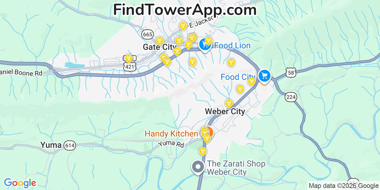 Map showing the 20 primary cell tower locations detected in Gate City, Virginia from AT&T, Verizon, and T-Mobile networks