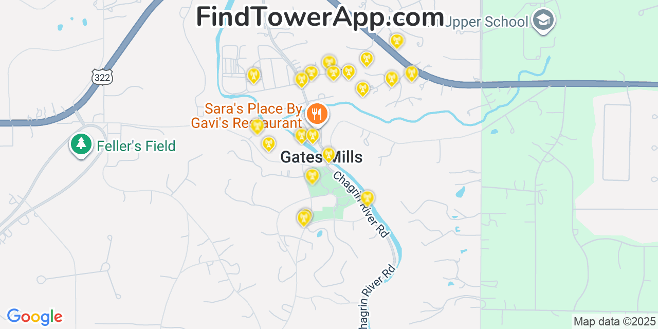 Map showing the 20 primary cell tower locations detected in Gates Mills, Ohio from AT&T, Verizon, and T-Mobile networks