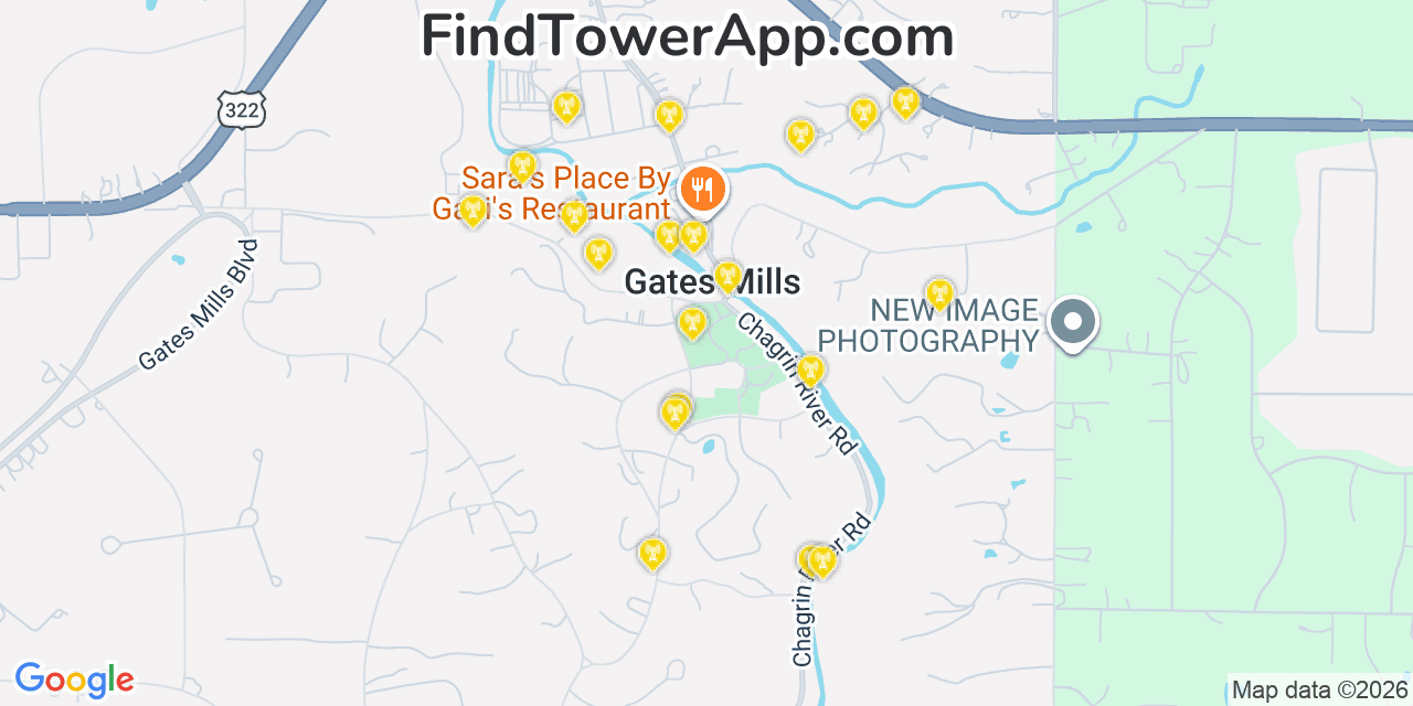 Map showing the 20 primary cell tower locations detected in Gates Mills, Ohio from AT&T, Verizon, and T-Mobile networks