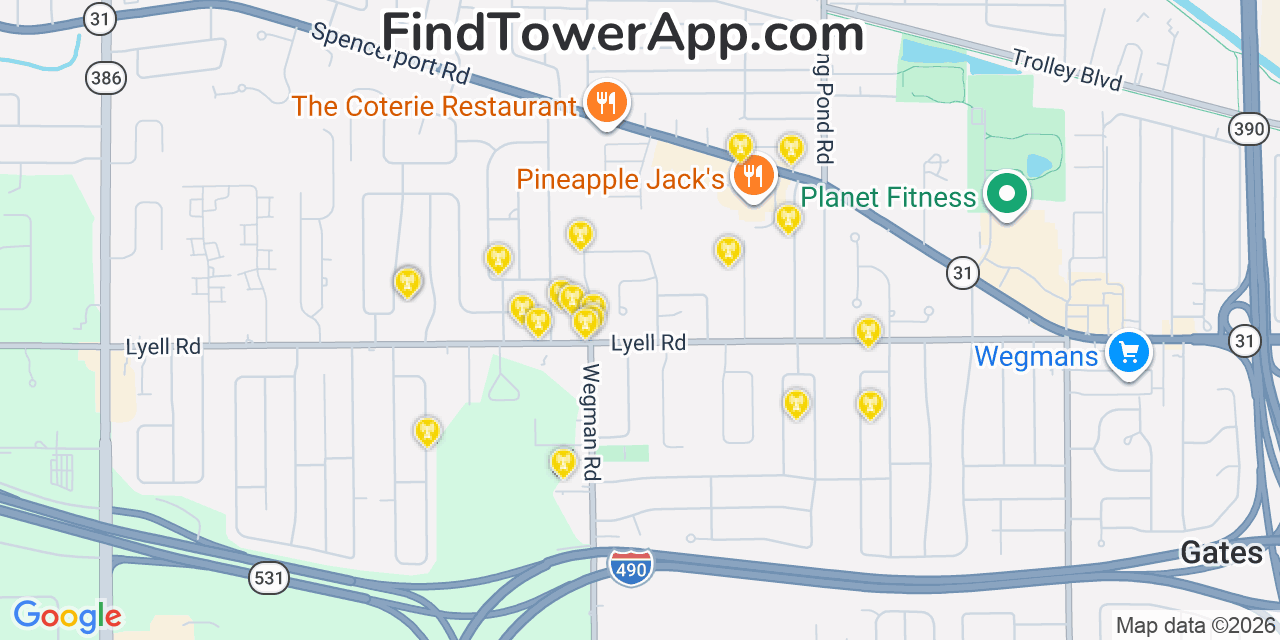 Map showing the 20 primary cell tower locations detected in Gates North Gates, New York from AT&T, Verizon, and T-Mobile networks