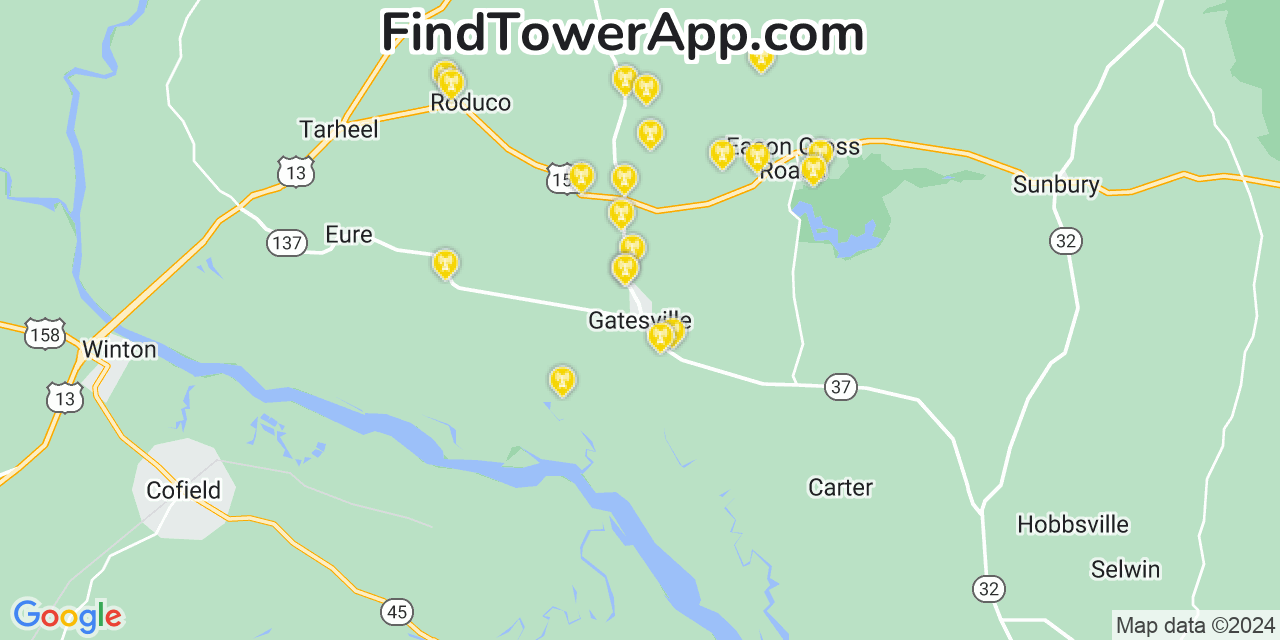 AT&T 4G/5G cell tower coverage map Gatesville, North Carolina