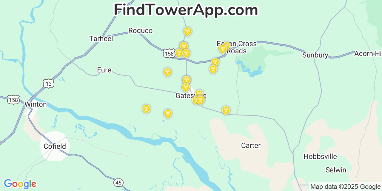 Map showing the 20 primary cell tower locations detected in Gatesville, North Carolina from AT&T, Verizon, and T-Mobile networks