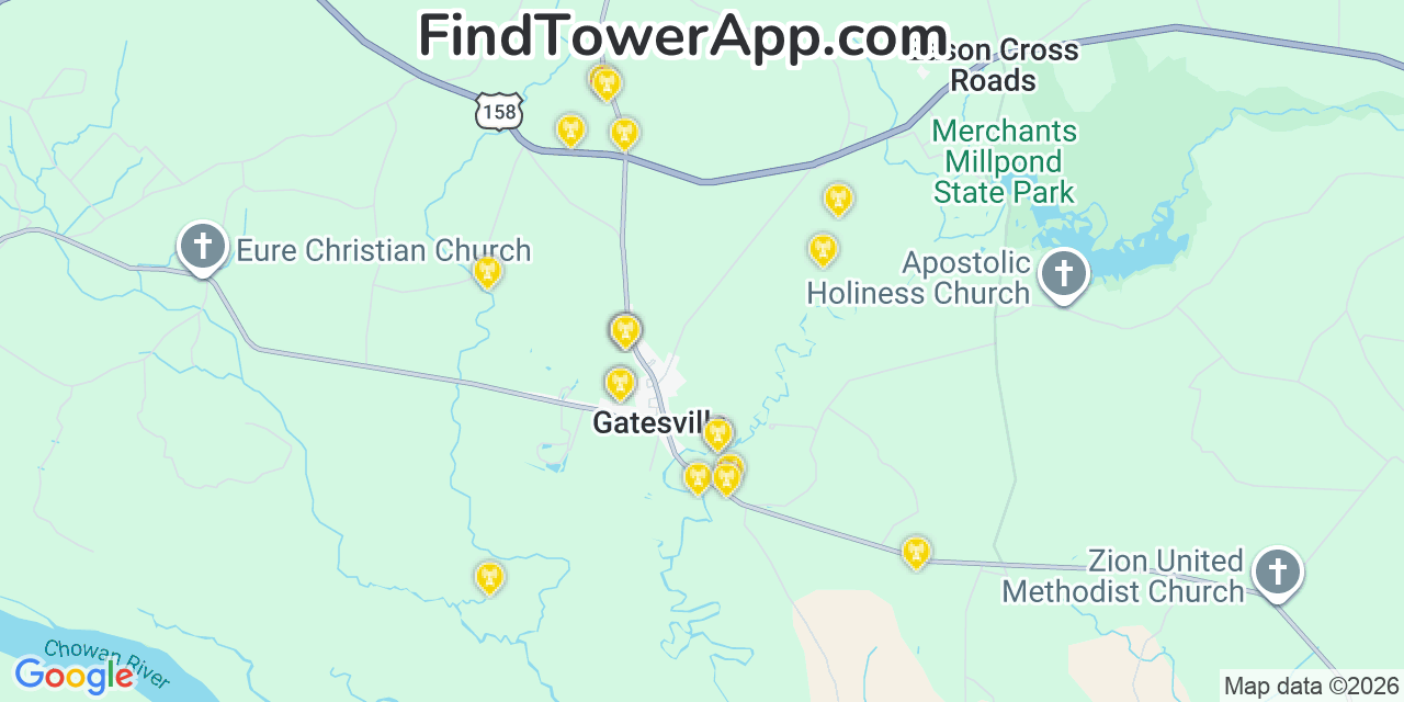 Map showing the 20 primary cell tower locations detected in Gatesville, North Carolina from AT&T, Verizon, and T-Mobile networks