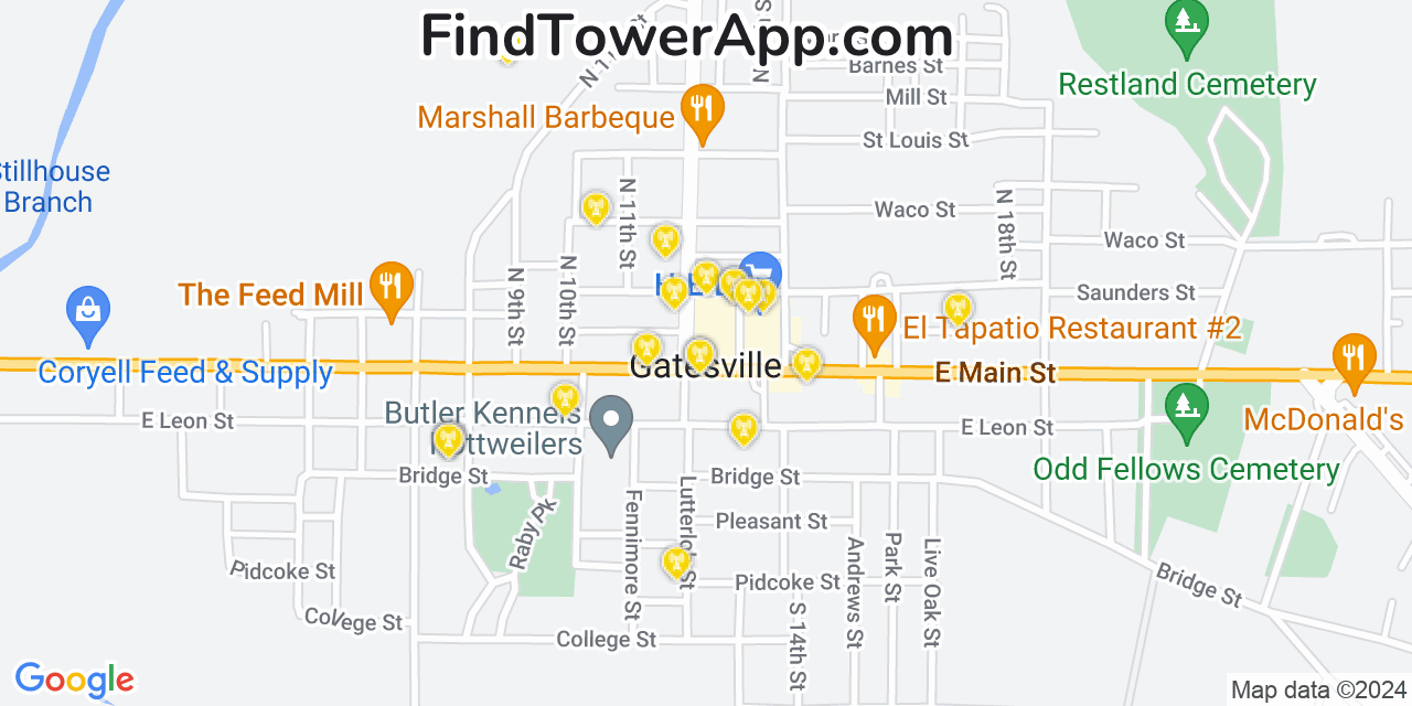 AT&T 4G/5G cell tower coverage map Gatesville, Texas