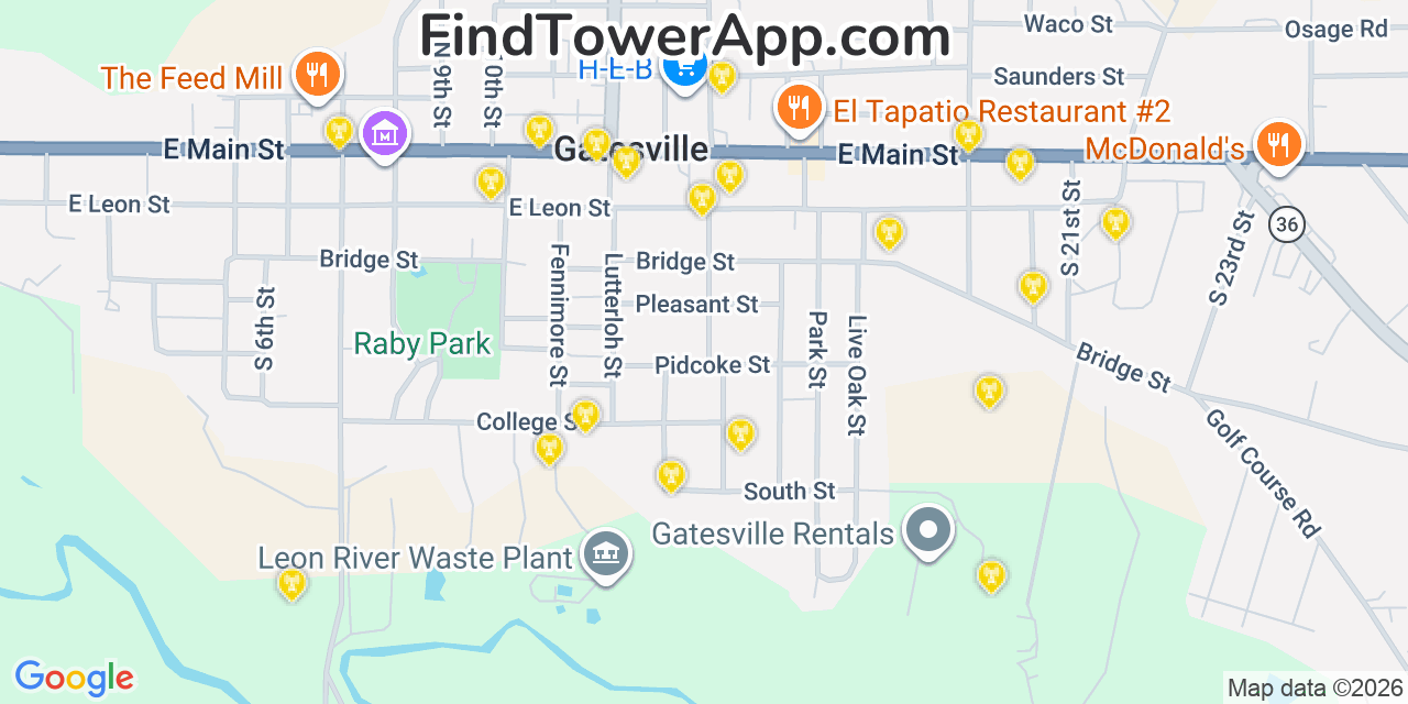 Map showing the 20 primary cell tower locations detected in Gatesville, Texas from AT&T, Verizon, and T-Mobile networks
