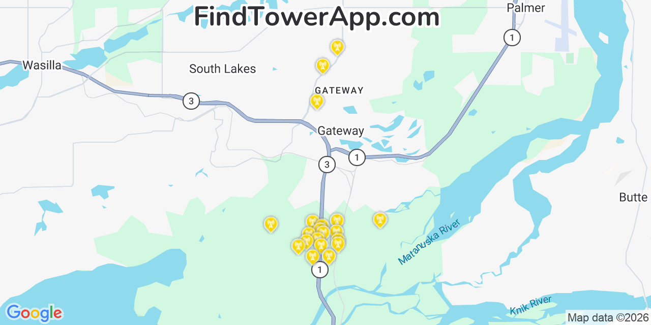 Map showing the 20 primary cell tower locations detected in Gateway, Alaska from AT&T, Verizon, and T-Mobile networks