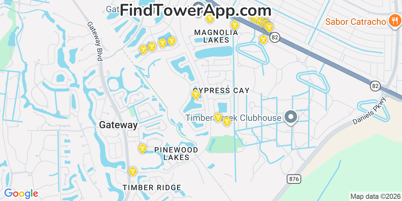 Map showing the 20 primary cell tower locations detected in Gateway, Florida from AT&T, Verizon, and T-Mobile networks