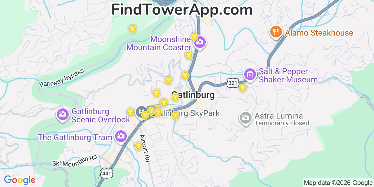 Map showing the 20 primary cell tower locations detected in Gatlinburg, Tennessee from AT&T, Verizon, and T-Mobile networks