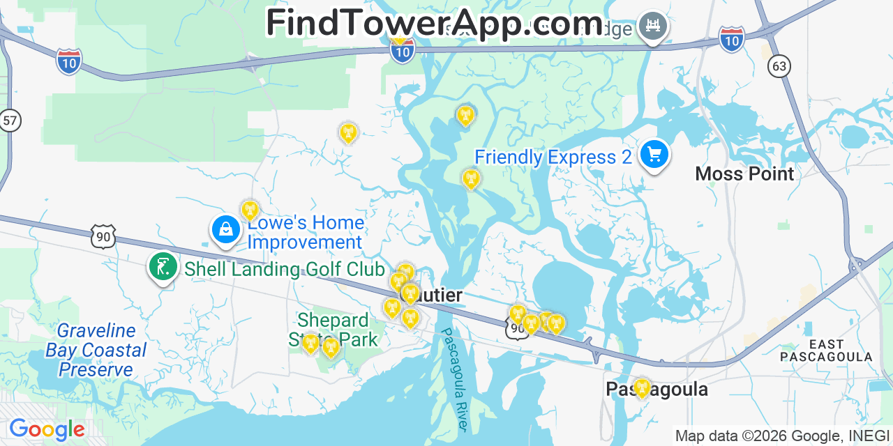 Map showing the 20 primary cell tower locations detected in Gautier, Mississippi from AT&T, Verizon, and T-Mobile networks