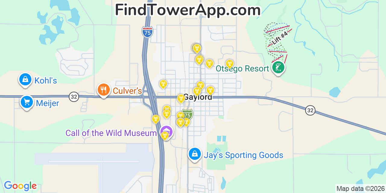 Map showing the 20 primary cell tower locations detected in Gaylord, Michigan from AT&T, Verizon, and T-Mobile networks