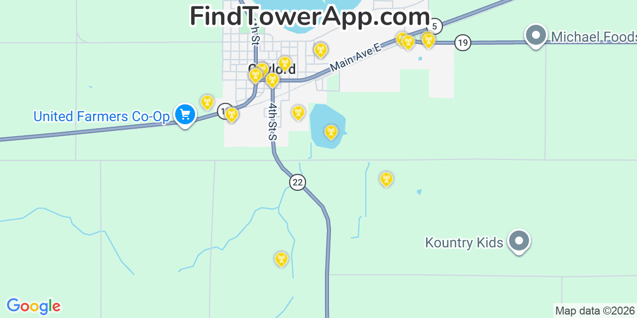Map showing the 20 primary cell tower locations detected in Gaylord, Minnesota from AT&T, Verizon, and T-Mobile networks