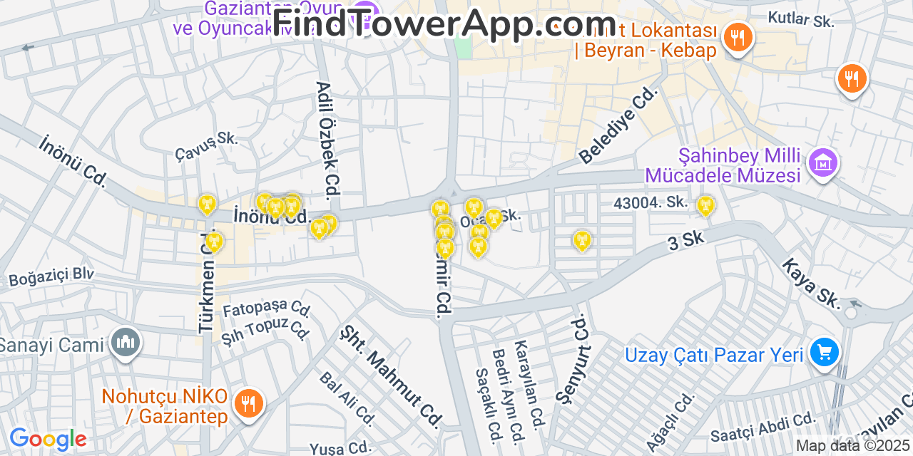 Map showing the 20 primary cell tower locations detected in Gaziantep, Turkey with coverage areas and signal strength