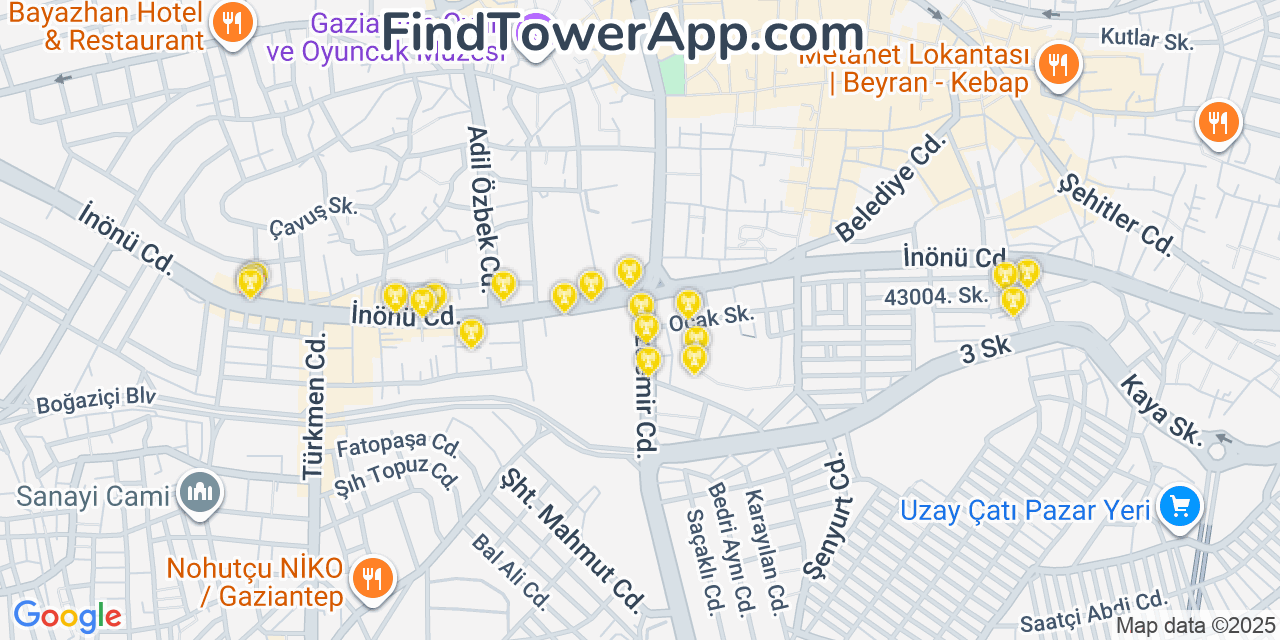 Map showing the 20 primary Türk Telekom cell tower locations in Gaziantep, Turkey