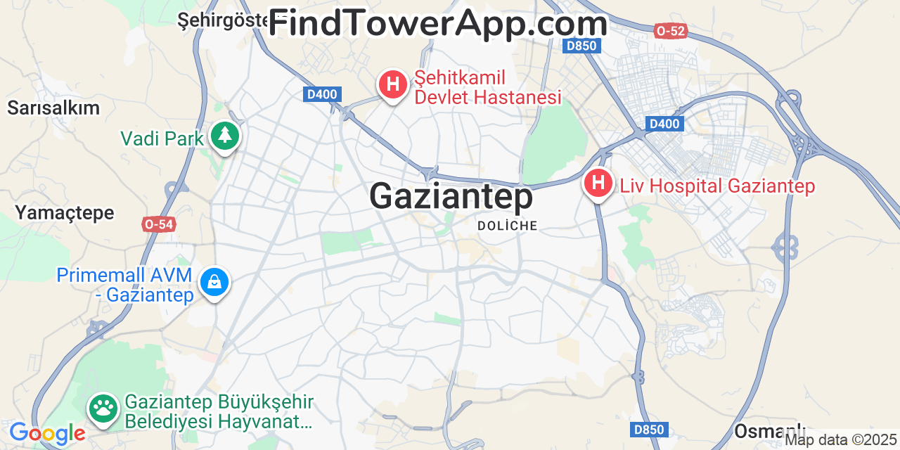 Map showing the 0 primary Vodafone cell tower locations detected in Gaziantep, Turkey with coverage radius and signal strength indicators