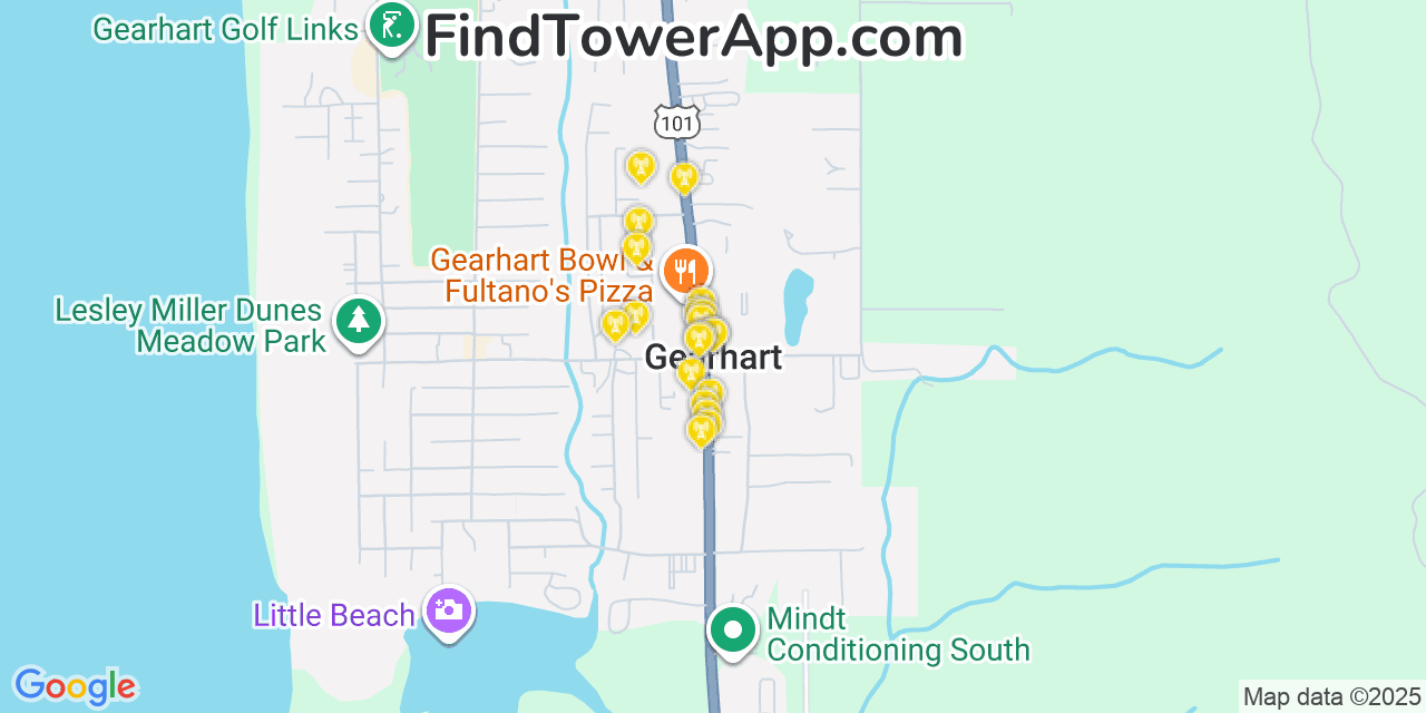 Map showing the 20 primary cell tower locations detected in Gearhart, Oregon from AT&T, Verizon, and T-Mobile networks