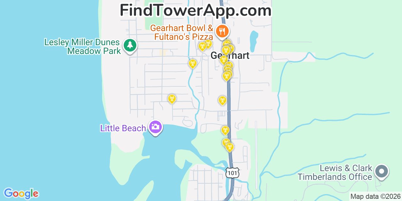 Map showing the 20 primary cell tower locations detected in Gearhart, Oregon from AT&T, Verizon, and T-Mobile networks