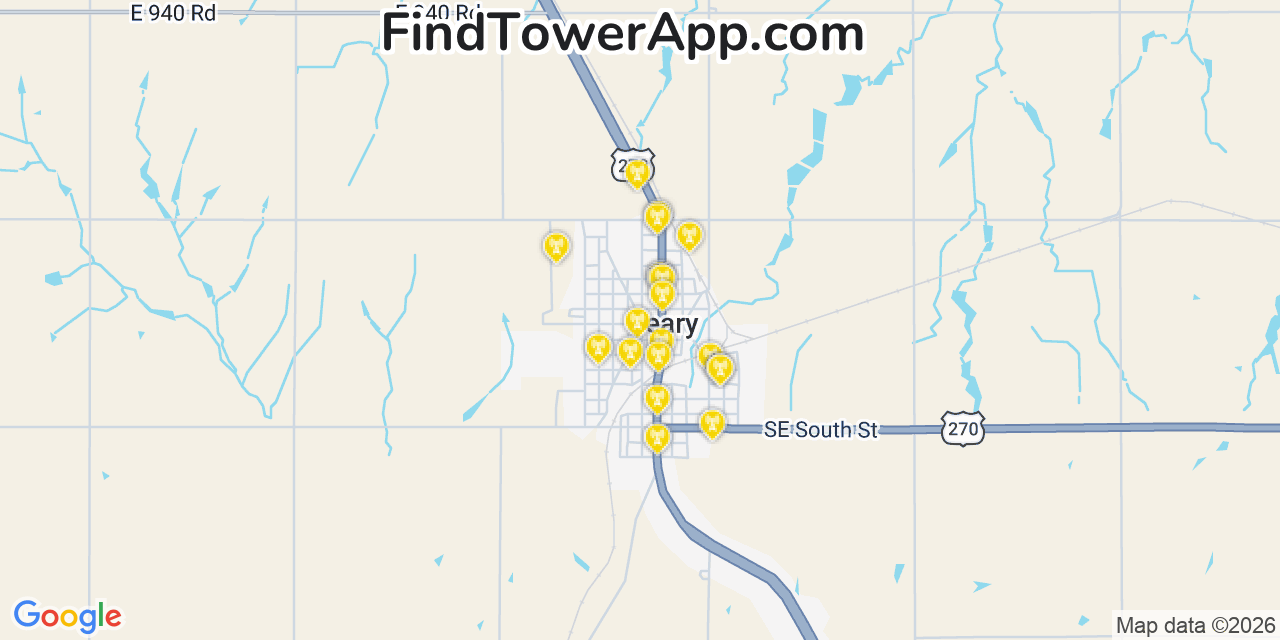 Map showing the 20 primary cell tower locations detected in Geary, Oklahoma from AT&T, Verizon, and T-Mobile networks