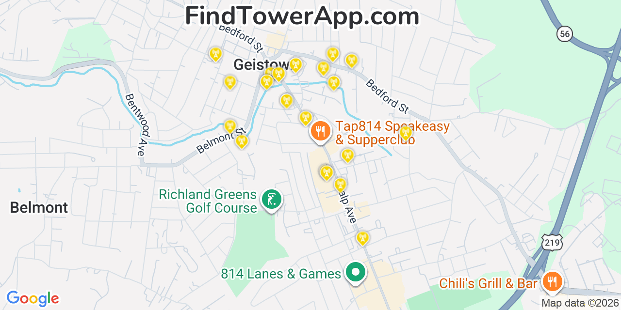 Map showing the 20 primary cell tower locations detected in Geistown, Pennsylvania from AT&T, Verizon, and T-Mobile networks
