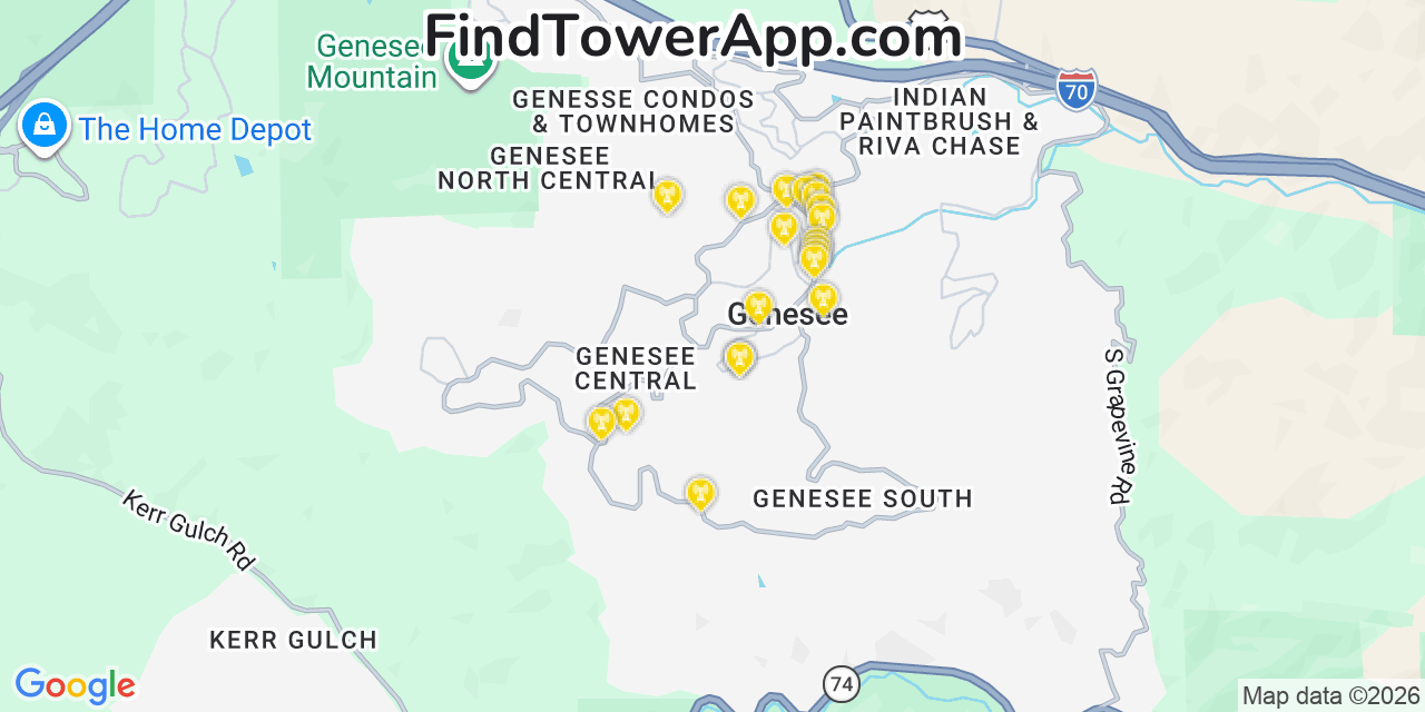 Map showing the 20 primary cell tower locations detected in Genesee, Colorado from AT&T, Verizon, and T-Mobile networks