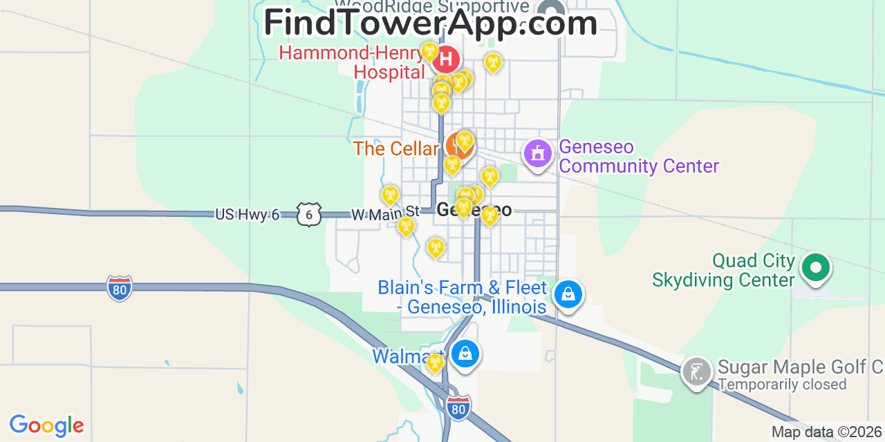 Map showing the 20 primary cell tower locations detected in Geneseo, Illinois from AT&T, Verizon, and T-Mobile networks
