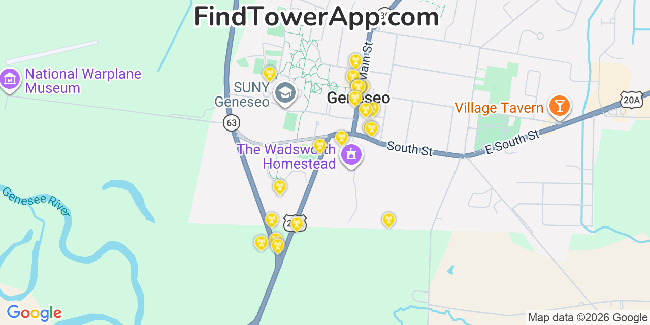 Map showing the 20 primary cell tower locations detected in Geneseo, New York from AT&T, Verizon, and T-Mobile networks