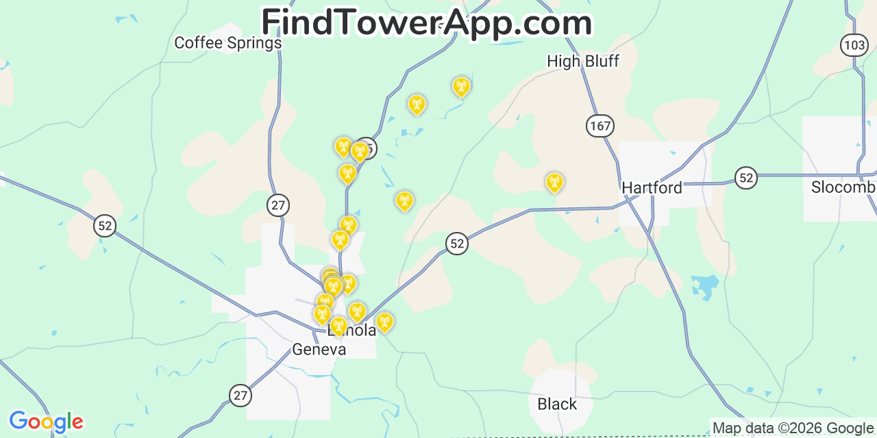 Map showing the 20 primary cell tower locations detected in Geneva, Alabama from AT&T, Verizon, and T-Mobile networks