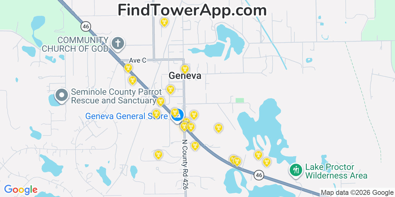 Map showing the 20 primary cell tower locations detected in Geneva, Florida from AT&T, Verizon, and T-Mobile networks