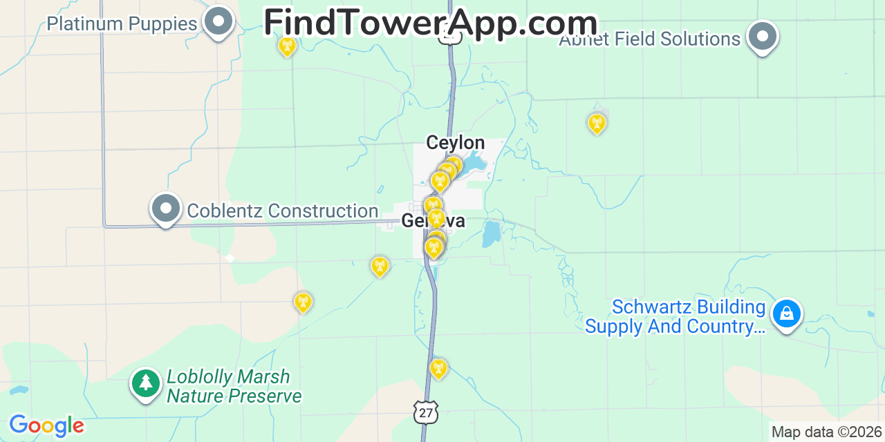 Map showing the 20 primary cell tower locations detected in Geneva, Indiana from AT&T, Verizon, and T-Mobile networks