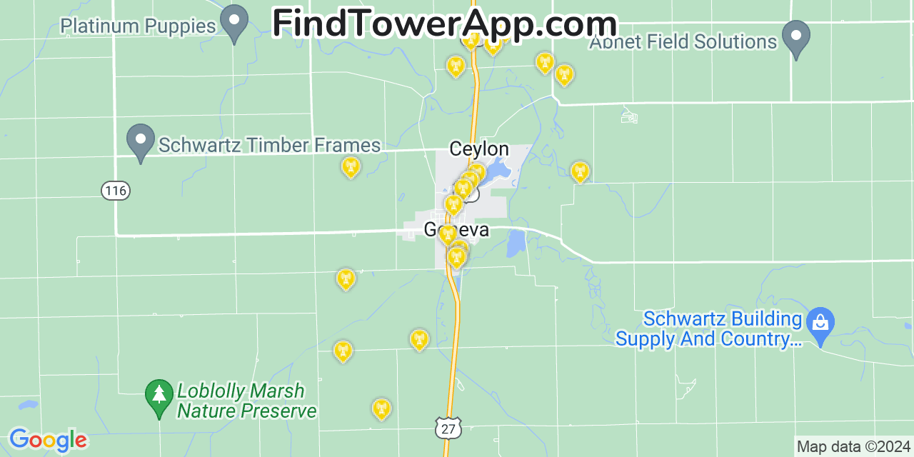 Verizon 4G/5G cell tower coverage map Geneva, Indiana