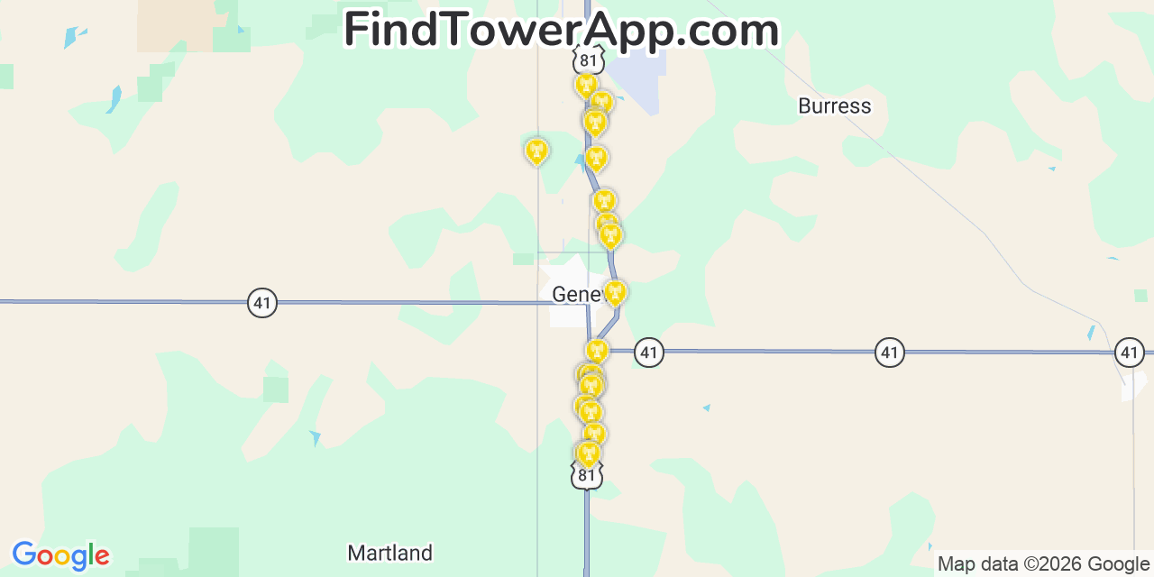 Map showing the 20 primary cell tower locations detected in Geneva, Nebraska from AT&T, Verizon, and T-Mobile networks