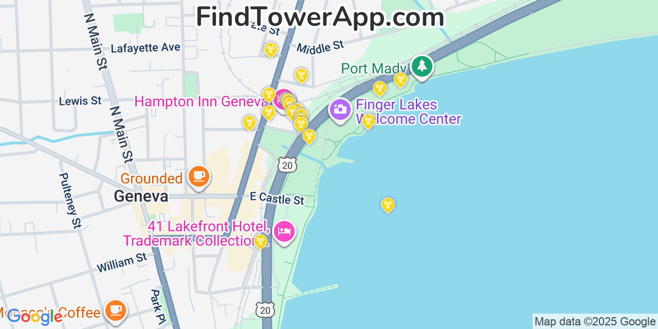 Map showing the 20 primary cell tower locations detected in Geneva, New York from AT&T, Verizon, and T-Mobile networks
