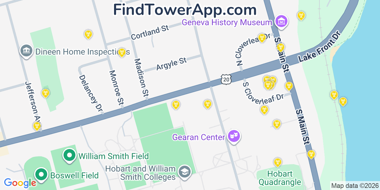 Map showing the 20 primary cell tower locations detected in Geneva, New York from AT&T, Verizon, and T-Mobile networks