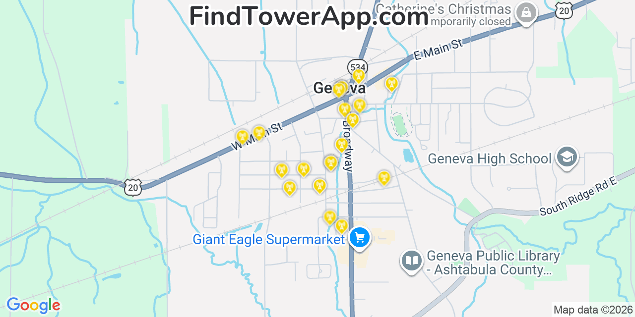 Map showing the 20 primary cell tower locations detected in Geneva, Ohio from AT&T, Verizon, and T-Mobile networks