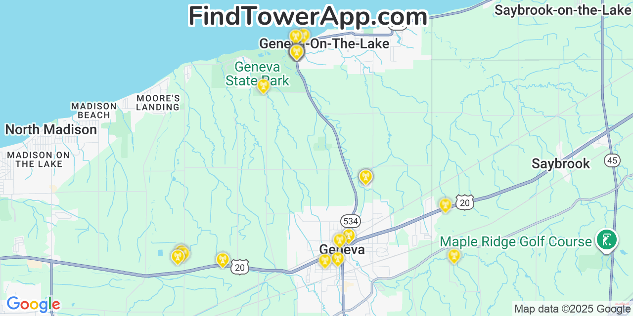 Map showing the 20 primary AT&T cell tower locations detected in Geneva On The Lake, Ohio with coverage radius and signal strength indicators
