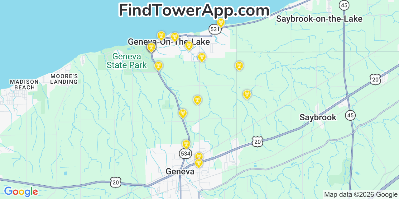 Map showing the 20 primary cell tower locations detected in Geneva On The Lake, Ohio from AT&T, Verizon, and T-Mobile networks