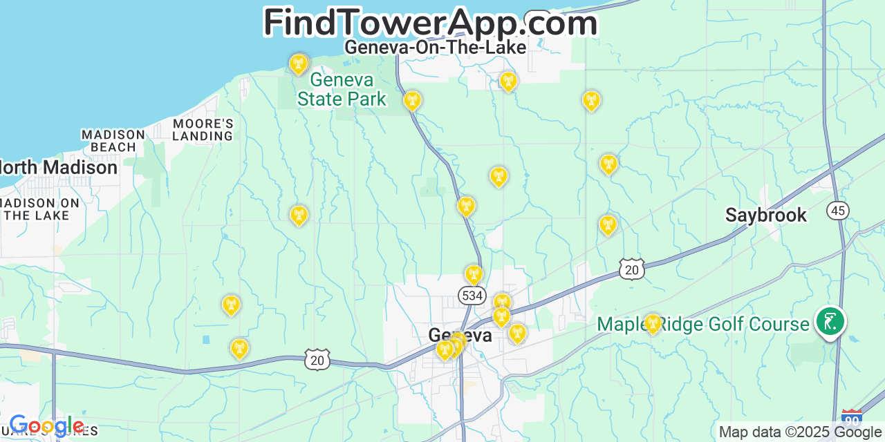 Map showing the 21 primary T-Mobile cell tower locations detected in Geneva On The Lake, Ohio with coverage radius and signal strength indicators