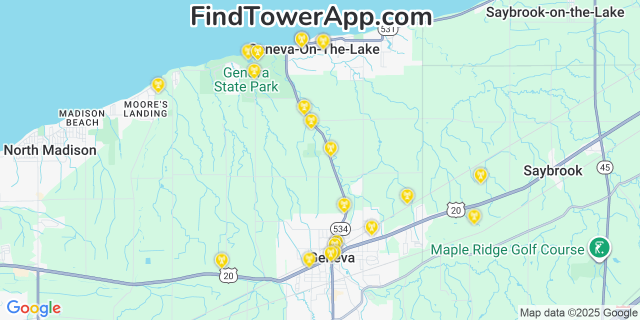 Map showing the 22 primary Verizon cell tower locations detected in Geneva On The Lake, Ohio with coverage radius and signal strength indicators