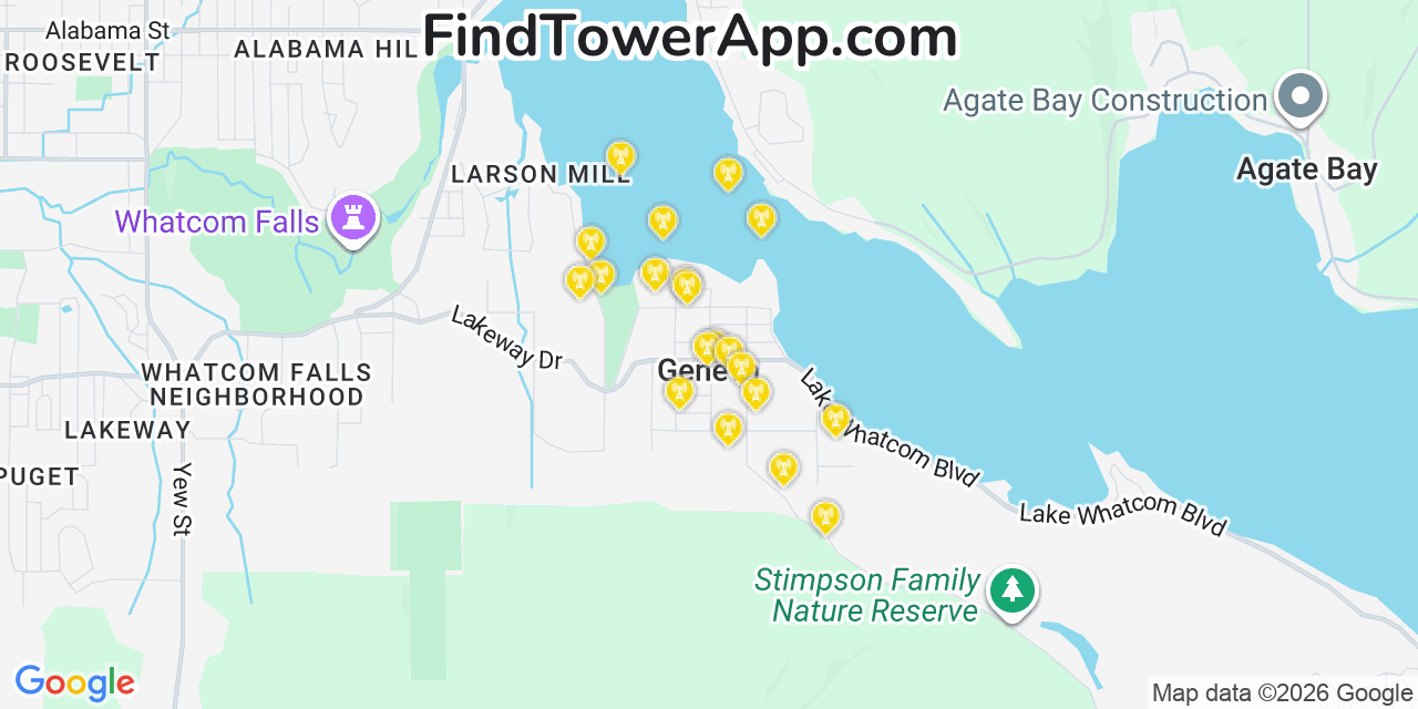 Map showing the 20 primary cell tower locations detected in Geneva, Washington from AT&T, Verizon, and T-Mobile networks