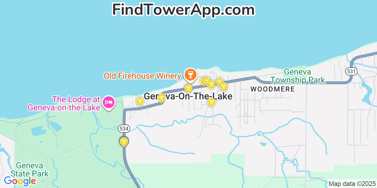 Map showing the 20 primary cell tower locations detected in Geneva-on-the-Lake, Ohio from AT&T, Verizon, and T-Mobile networks