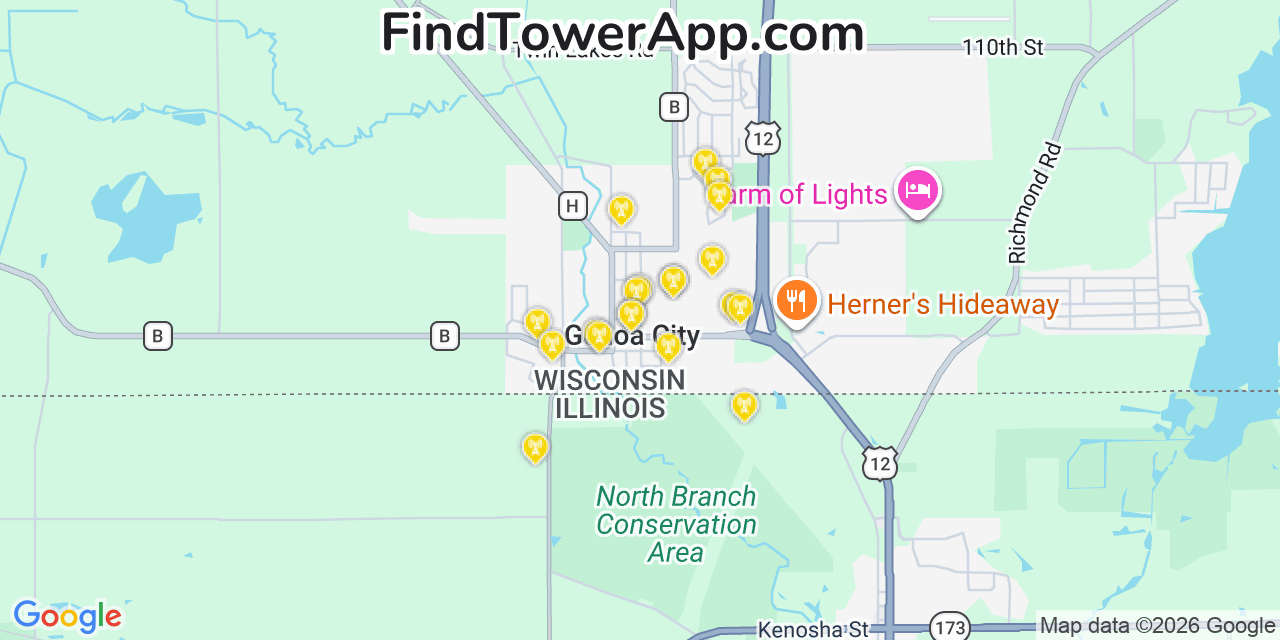 Map showing the 20 primary cell tower locations detected in Genoa City, Wisconsin from AT&T, Verizon, and T-Mobile networks