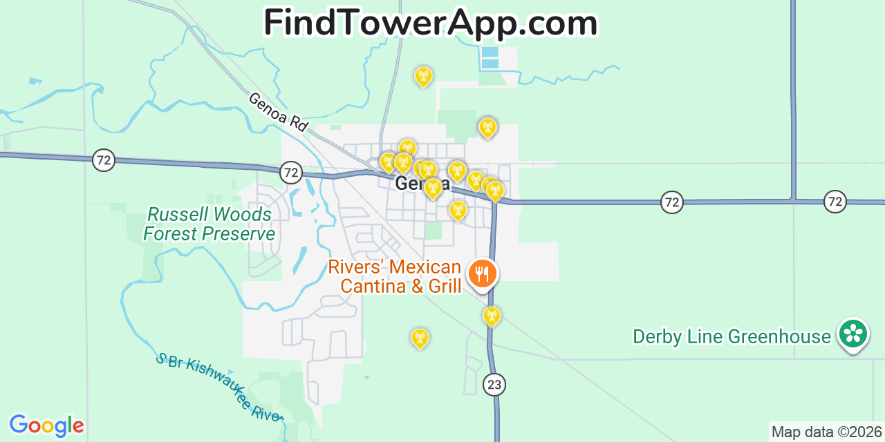 Map showing the 20 primary cell tower locations detected in Genoa, Illinois from AT&T, Verizon, and T-Mobile networks