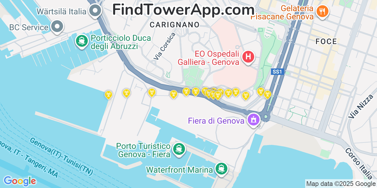 Map showing the 20 primary cell tower locations detected in Genoa, Italy with coverage areas and signal strength