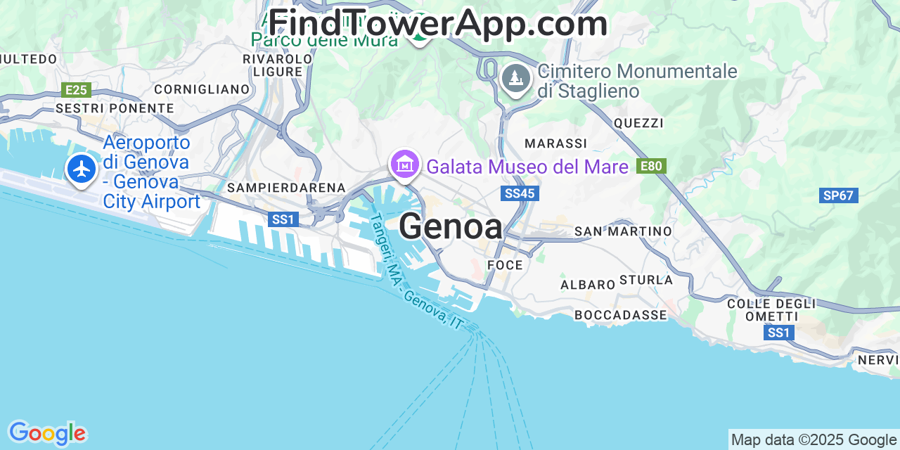 Map showing the 0 primary TIM cell tower locations detected in Genoa, Italy with coverage radius and signal strength indicators