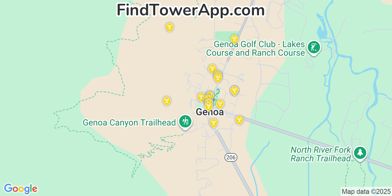 Map showing the 20 primary AT&T cell tower locations detected in Genoa, Nevada with coverage radius and signal strength indicators