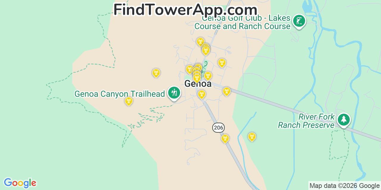 Map showing the 20 primary cell tower locations detected in Genoa, Nevada from AT&T, Verizon, and T-Mobile networks