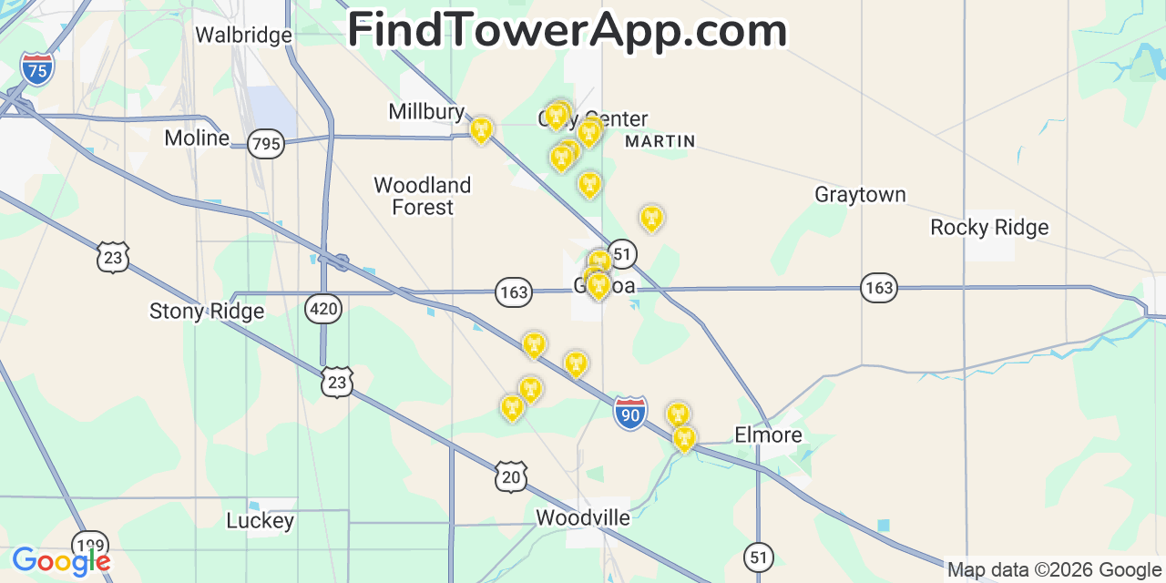 Map showing the 20 primary cell tower locations detected in Genoa, Ohio from AT&T, Verizon, and T-Mobile networks