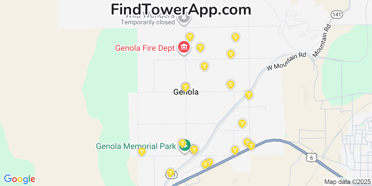 Map showing the 20 primary cell tower locations detected in Genola, Utah from AT&T, Verizon, and T-Mobile networks